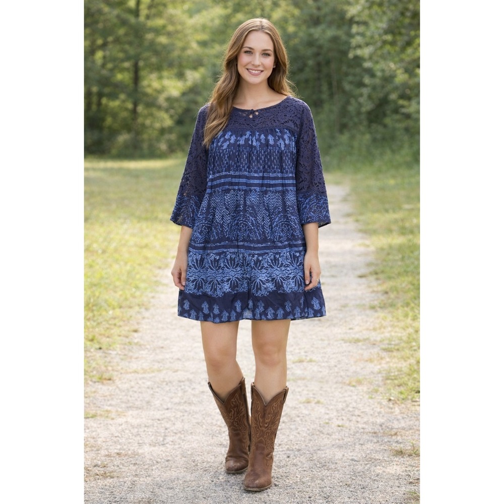 Free People Sun Daze Mini Dress  Size Large Indigo Blue Boho Lace NWT